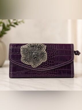 Purple Croc-Embossed Wallet with Silver Floral Accent